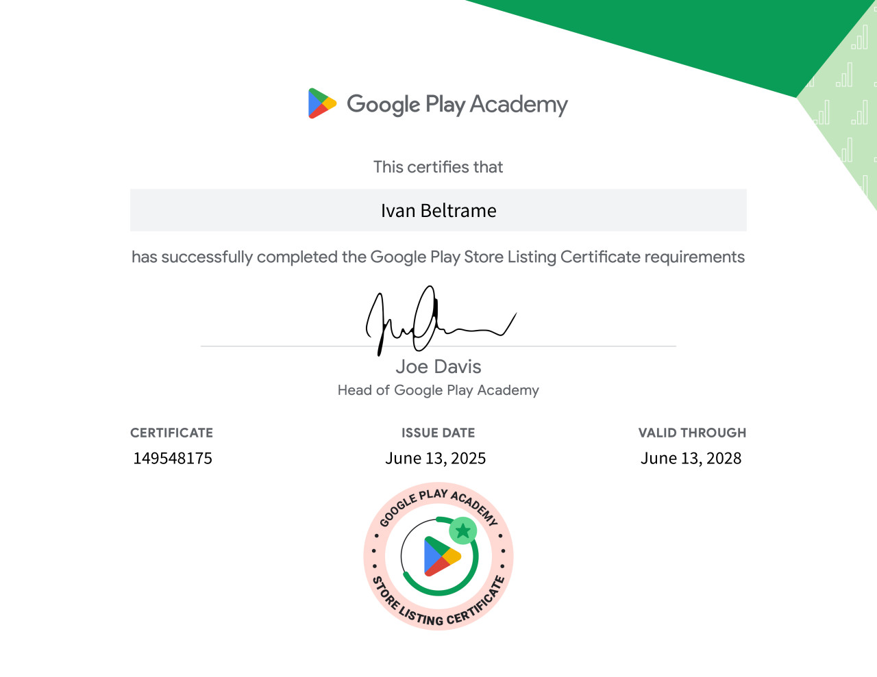Certificato Play Store Listing