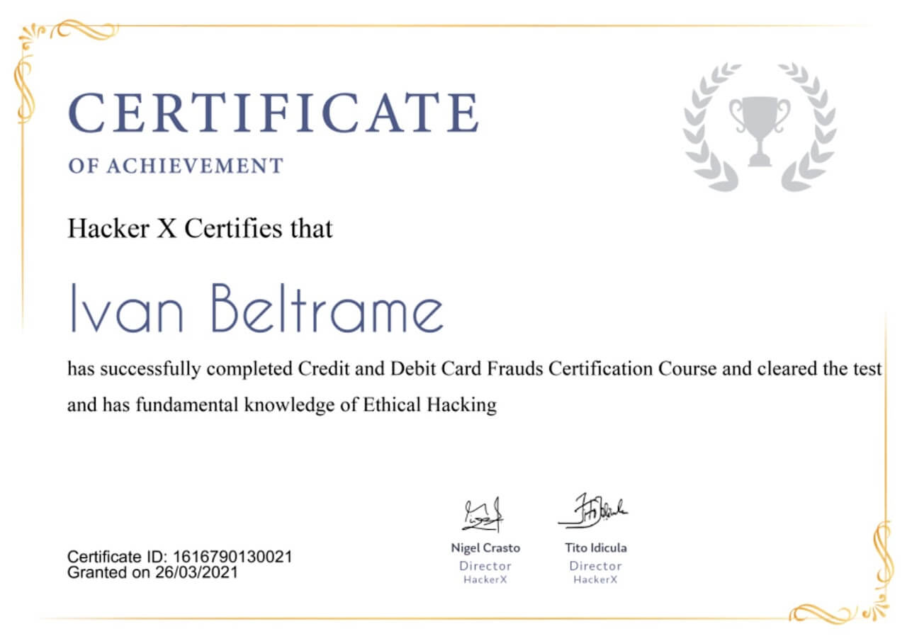 Certificato Credit and debit card frauds