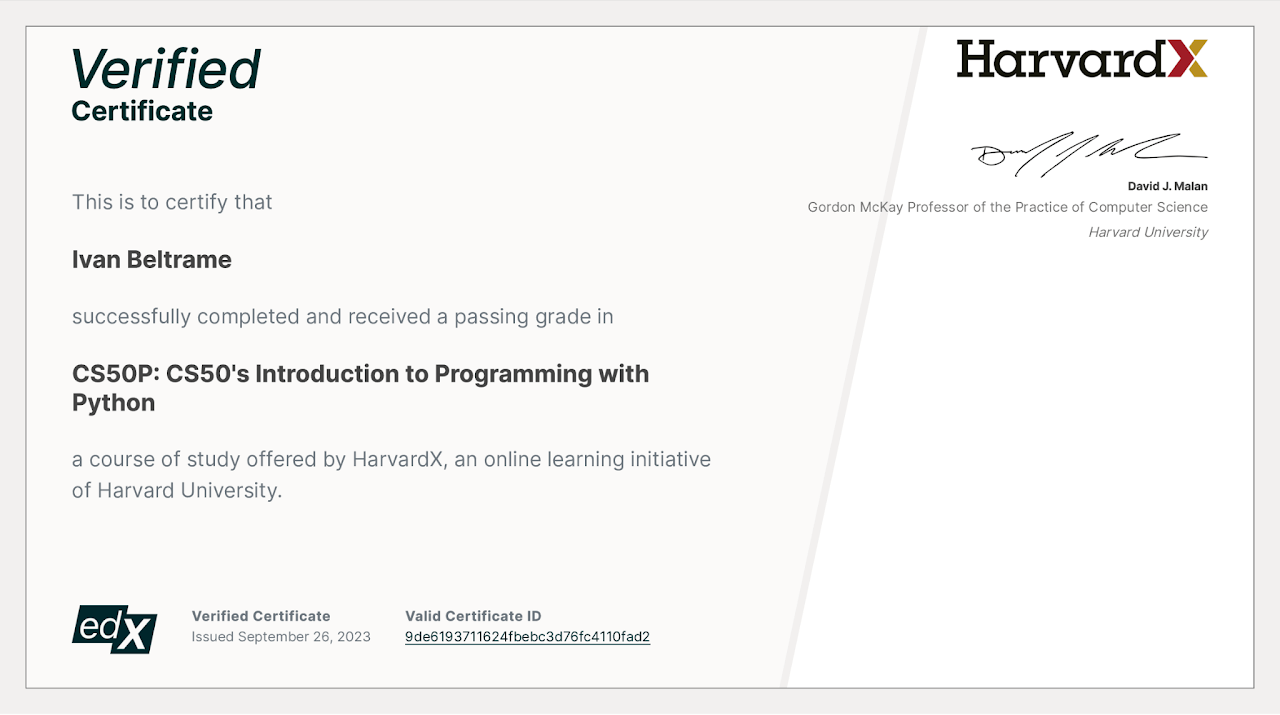 Certificato CS50p verificato